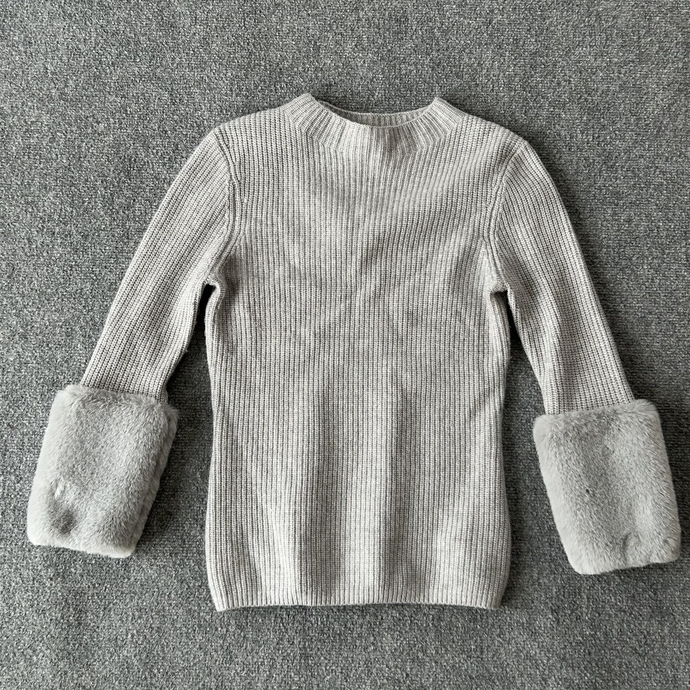Ted Baker Klairia Sweater Pullover Womens 0 Gray Knit Mock Neck Faux Fur Cuff